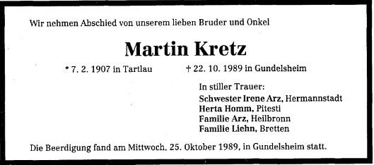 Kretz Martin 1907-1989 Todesanzeige